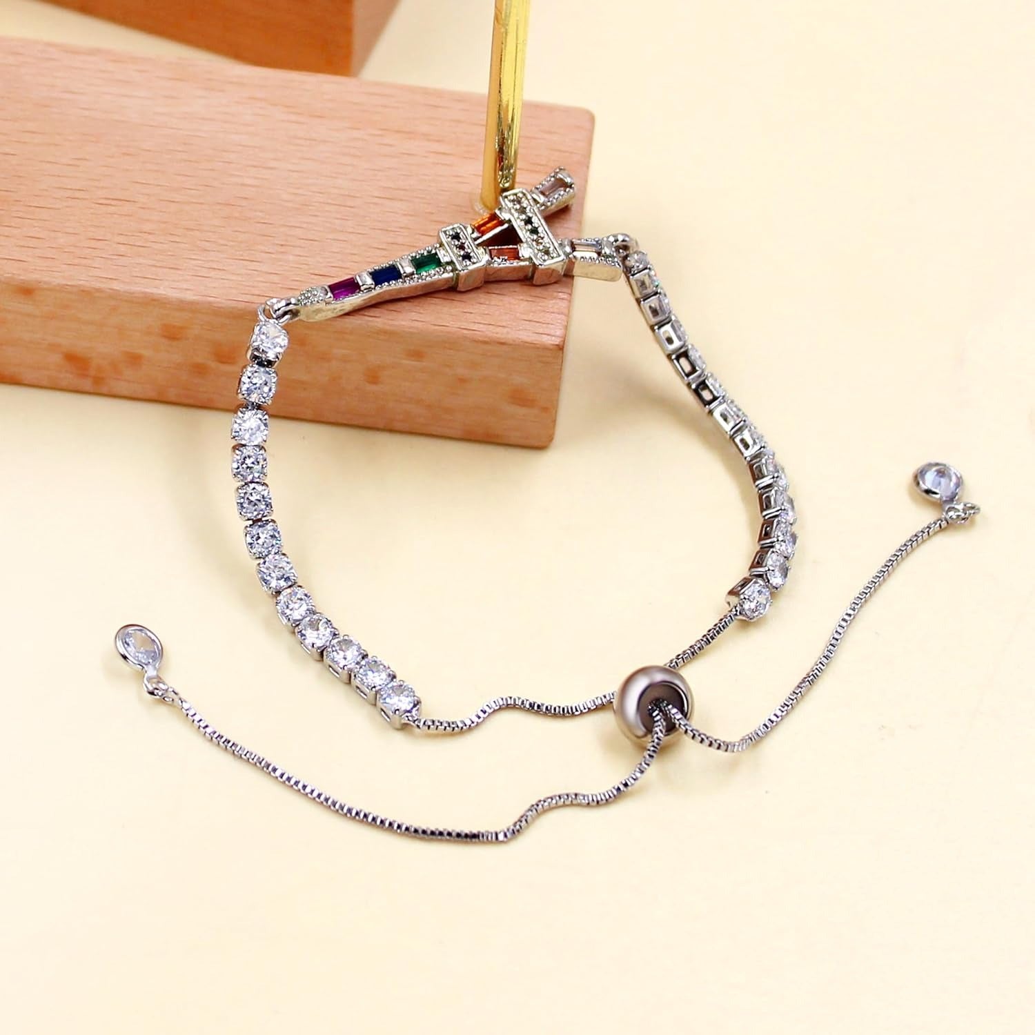 Elegant Eiffel Tower Tennis Bracelet with Multicolor CZ Charm, Golden Plated Adjustable Slider Chain Crystal Bracelet, Romantic Paris Jewelry Gift for Women Mom Daughter YA5691