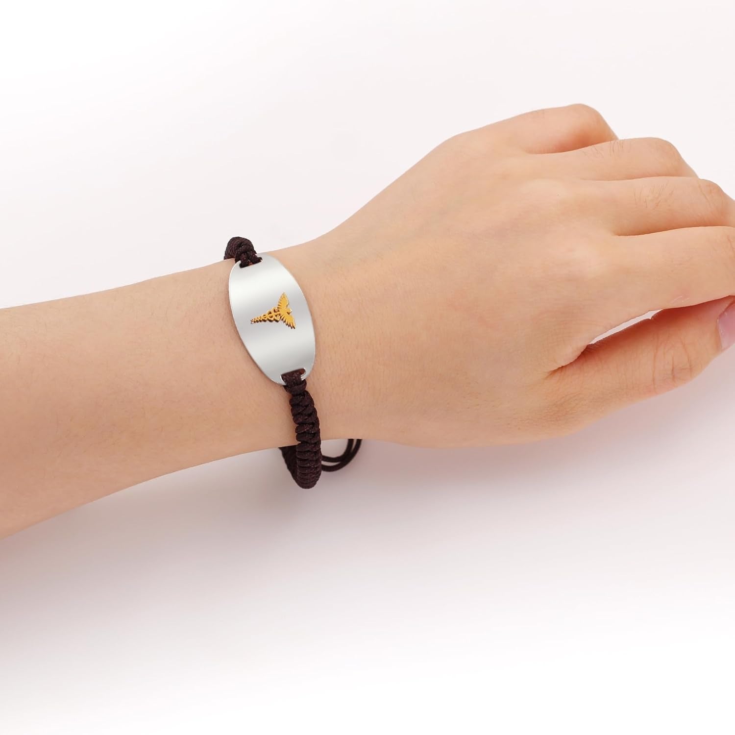 Adjustable Gray Braided Medical Alert Bracelet for Men Women, Dynamic QR Code or Custom Engraved ID Plate, Silver or Black Stainless Steel Emergency Contact Bracelet with Golden Medical Symbol