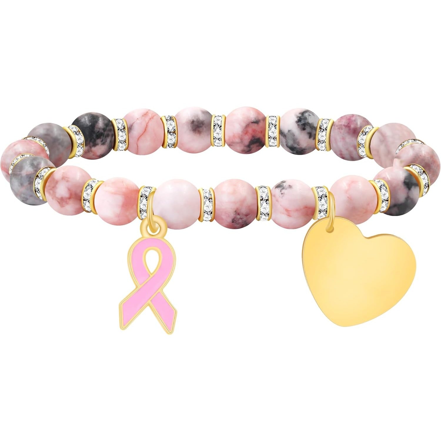Pink Zebra Jasper Breast Cancer Awareness Bracelet – Never Give Up Heart Charm & Pink Ribbon, Stretch Beaded Natural Stone Bracelet for Women, Inspirational Cancer Support Jewelry Gift