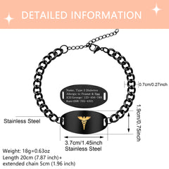 Stainless Steel Medical Alert Bracelet with Golden Caduceus Symbol Men Women | Laser Engraved or Dynamic QR Code Medical ID Bracelet | Adjustable Chain Emergency Contact Allergy ID Jewelry Black White
