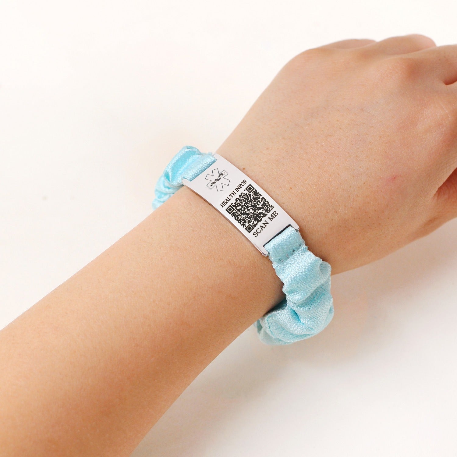 Dynamic QR Code Medical Alert Scrunchie Bracelet for Women, Editable Fabric Medical ID Wristband, Scan to Update Emergency & Health Information Without Login, Elastic Hair Tie Style, Blue
