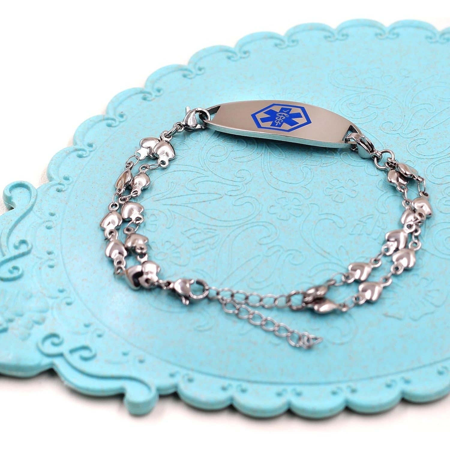 Double Layer Heart Link Medical Alert Bracelet, Stainless Steel with Dynamic QR Code – No Pre-Order Info Needed, Dual Lobster Clasps, Interchangeable ID Tag, Fashion Emergency Health Bracelet