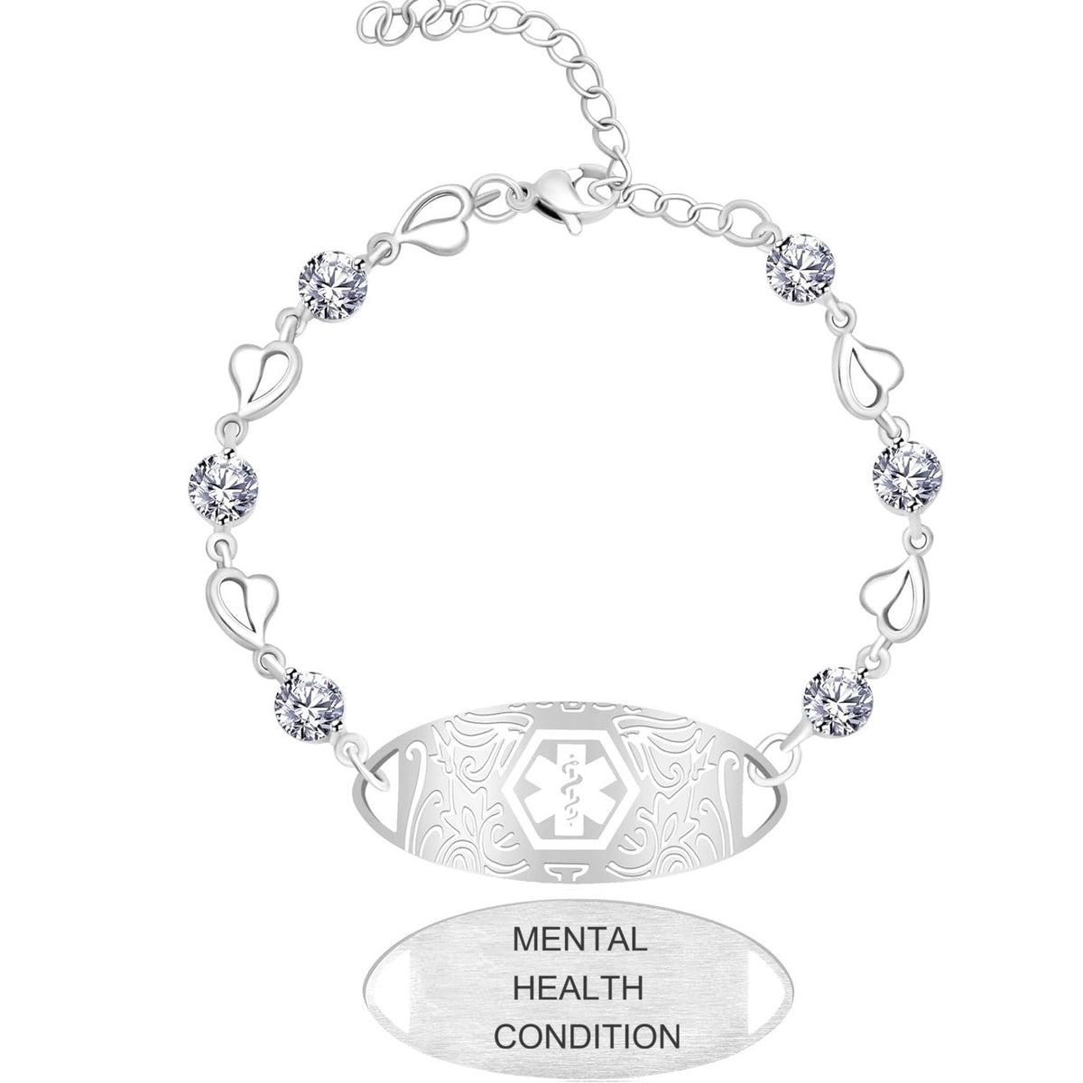 Uloveido Custom Medical ID Bracelet with White Cubic Zirconia | Elegant Floral Enamel Design | Adjustable QR Code & Engraved Emergency Contact EMS Bracelet for Women and Travelers