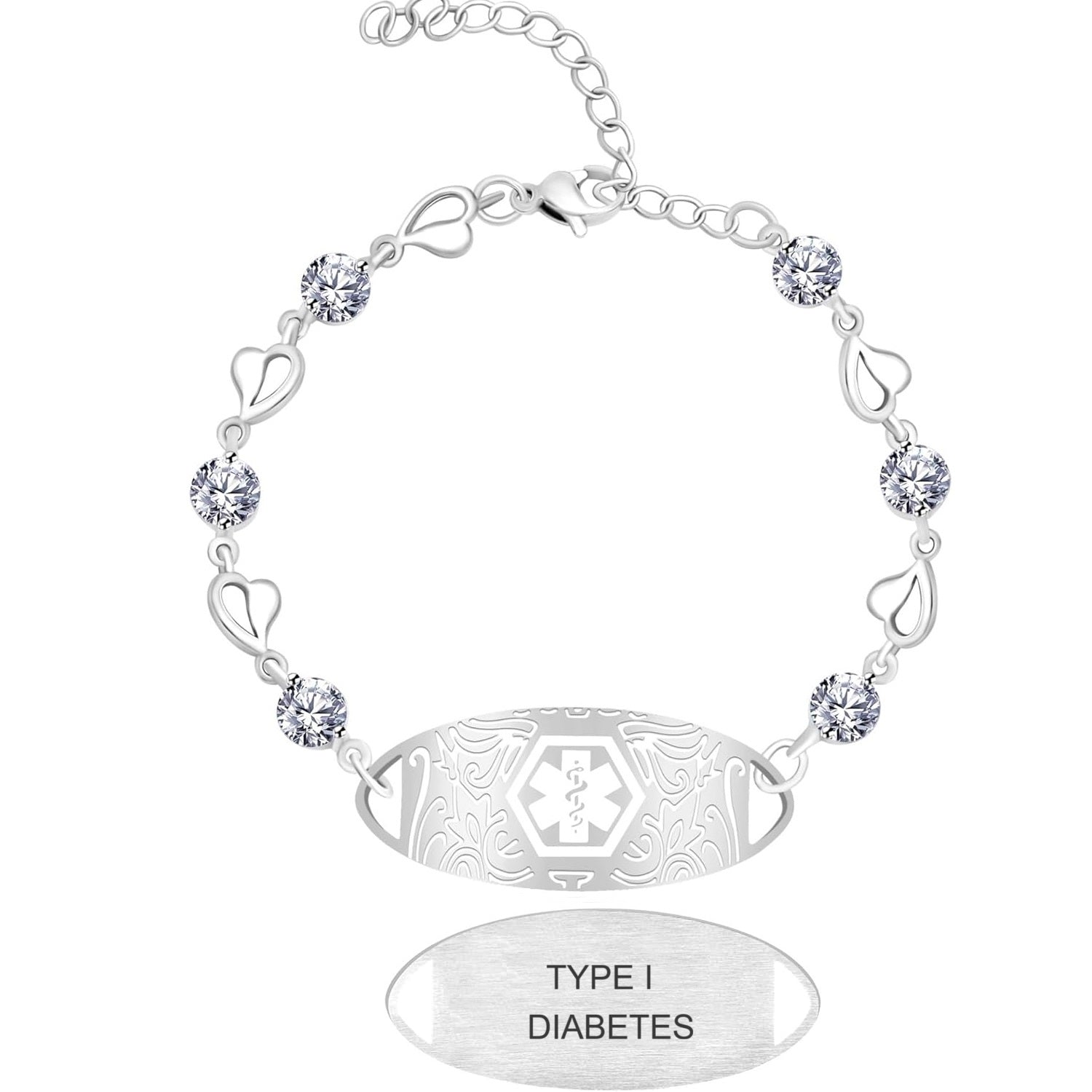 Uloveido Custom Medical ID Bracelet with White Cubic Zirconia | Elegant Floral Enamel Design | Adjustable QR Code & Engraved Emergency Contact EMS Bracelet for Women and Travelers