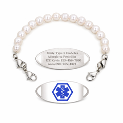 White Freshwater Pearl Double Layer QR Code Medical Alert Bracelet – Blue Medical ID Bracelet with Interchangeable Plate, Dual Lobster Clasp, Editable Dynamic QR Emergency Jewelry for Women YA6293