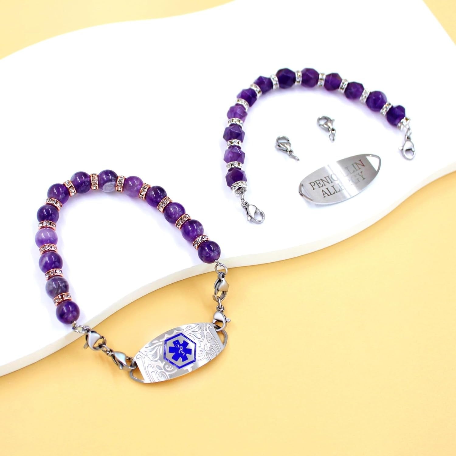 Dynamic QR Code Medical Alert Bracelet for Women, Faceted Purple Crystal Beads Medical ID Bracelet, Scan to Edit Health Info, Stainless Steel Interchangeable Medical Tag