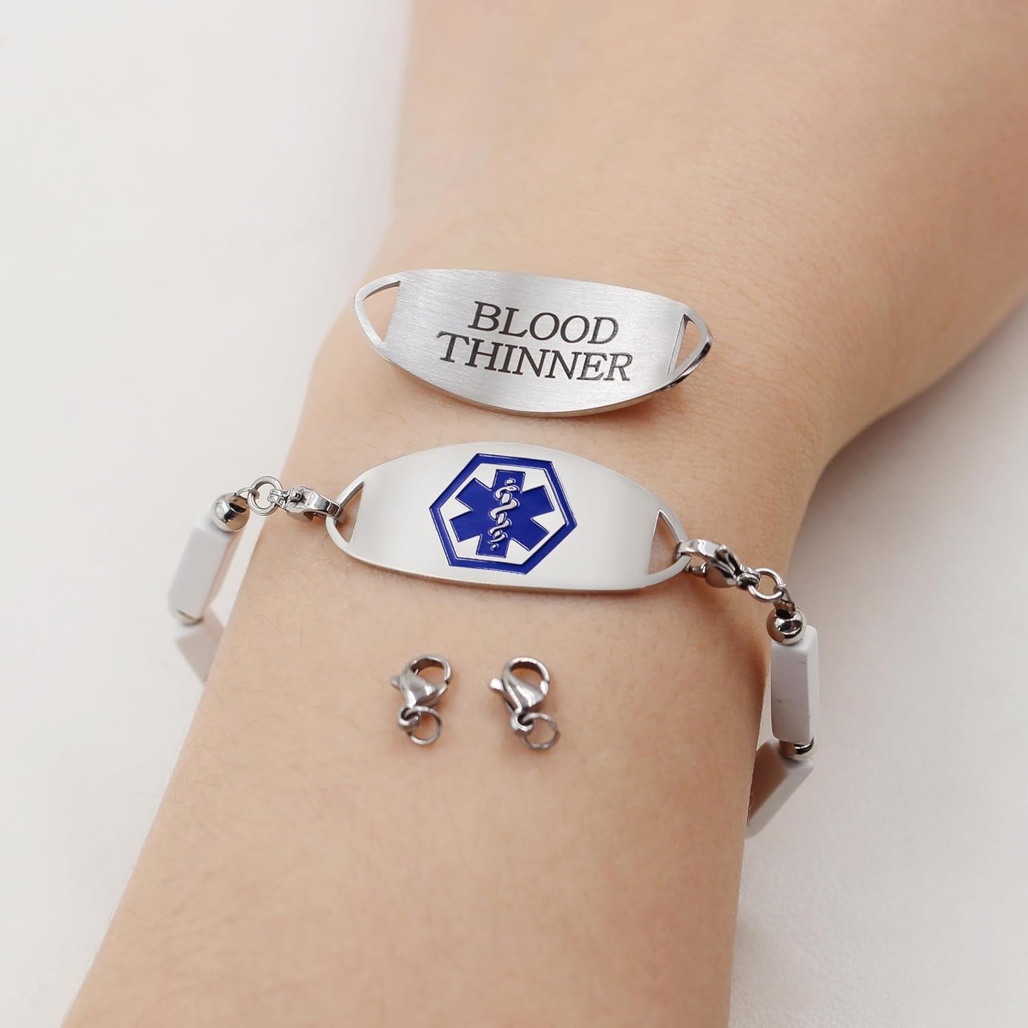 Dynamic QR Code Medical Alert Bracelet with Natural Stone Beads, Pink Stone Red Agate Black Agate White Turquoise, Stainless Steel Medical ID Bracelet, Double Lobster Clasp, No Engraving Required