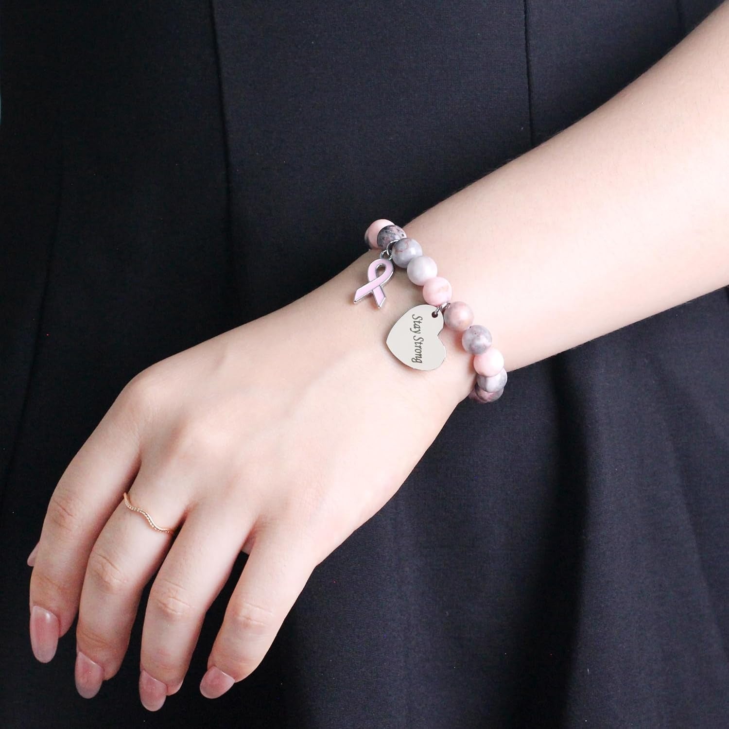 Pink Zebra Jasper Breast Cancer Awareness Bracelet – Never Give Up Heart Charm & Pink Ribbon, Stretch Beaded Natural Stone Bracelet for Women, Inspirational Cancer Support Jewelry Gift