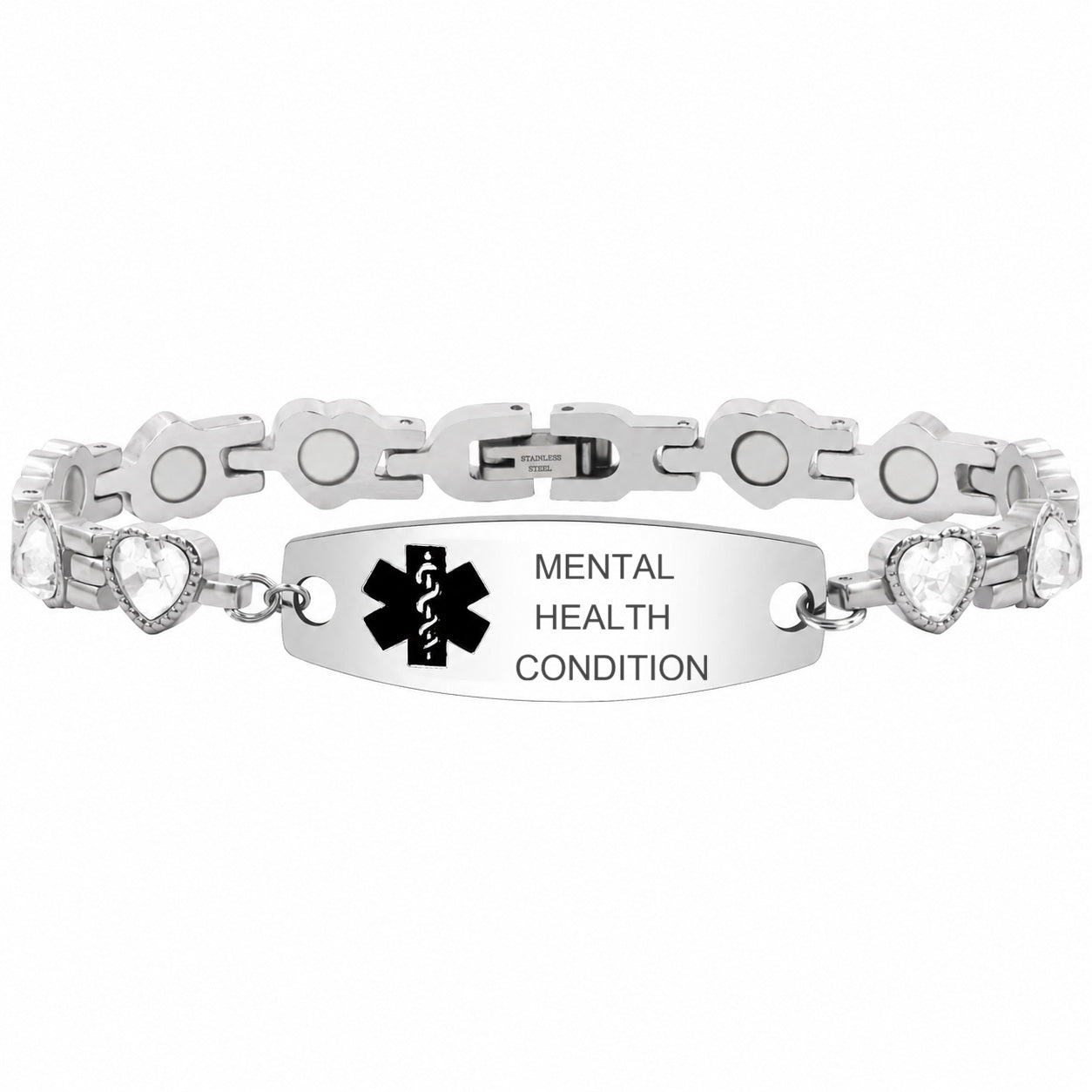 Women’s Medical ID Bracelet with Heart Shaped Zircon Link Chain, Adjustable Stainless Steel Emergency Alert Bracelet, Personalized Engraved Health Info Jewelry for Daily Wear