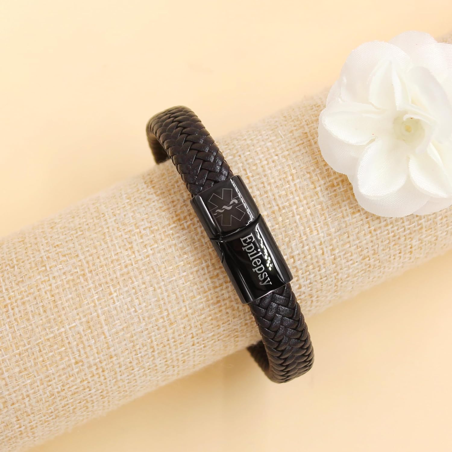 Dynamic QR Code Medical Alert Bracelet for Men Women No Medical Info Needed at Checkout PU Leather Emergency ID Cuff Bracelet Black Stainless Steel Clasp Scan to Update Health Info YA5551