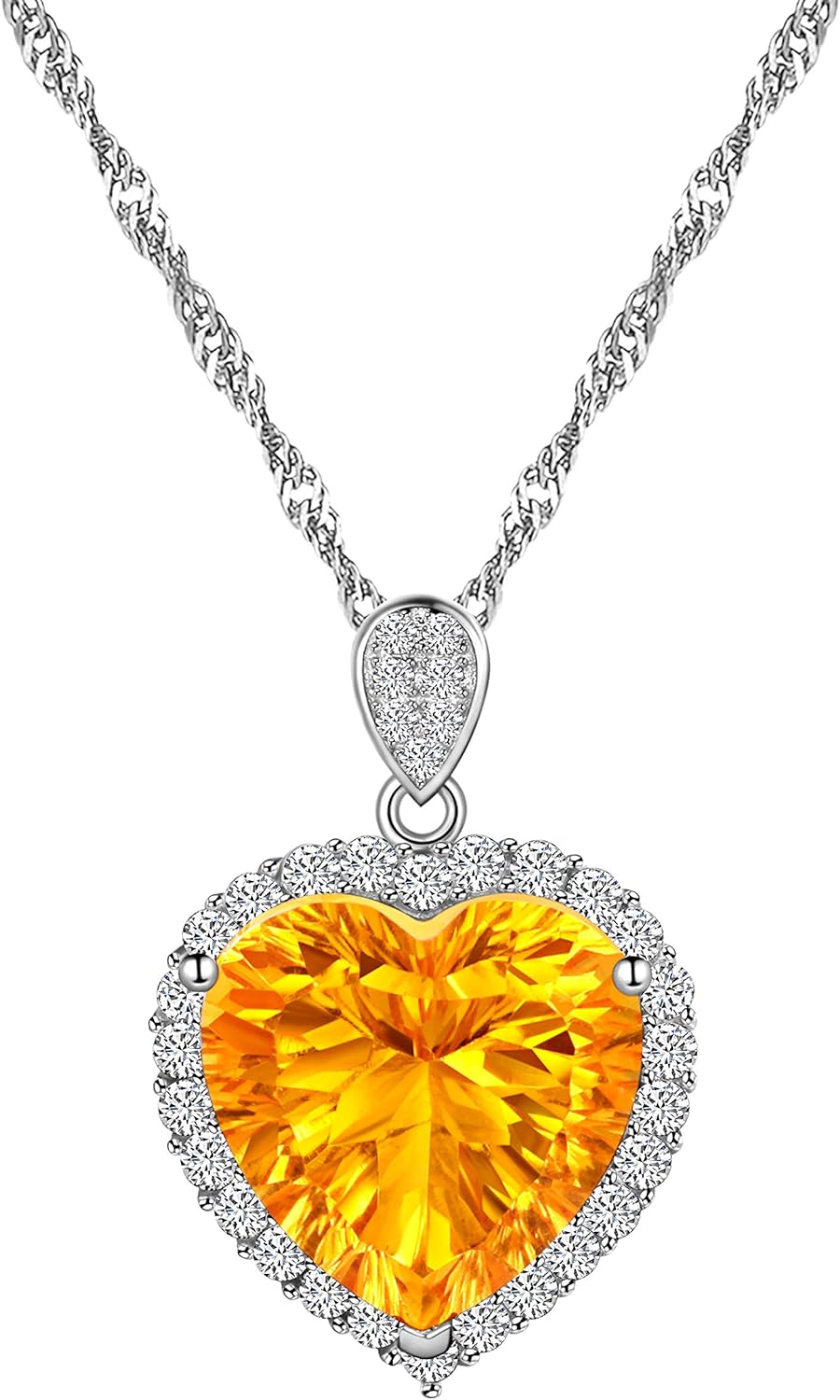 925 Sterling Silver Natural Citrine Necklace, Heart-Shape Gemstone, Platinum Plated, November Birthstone Pendant