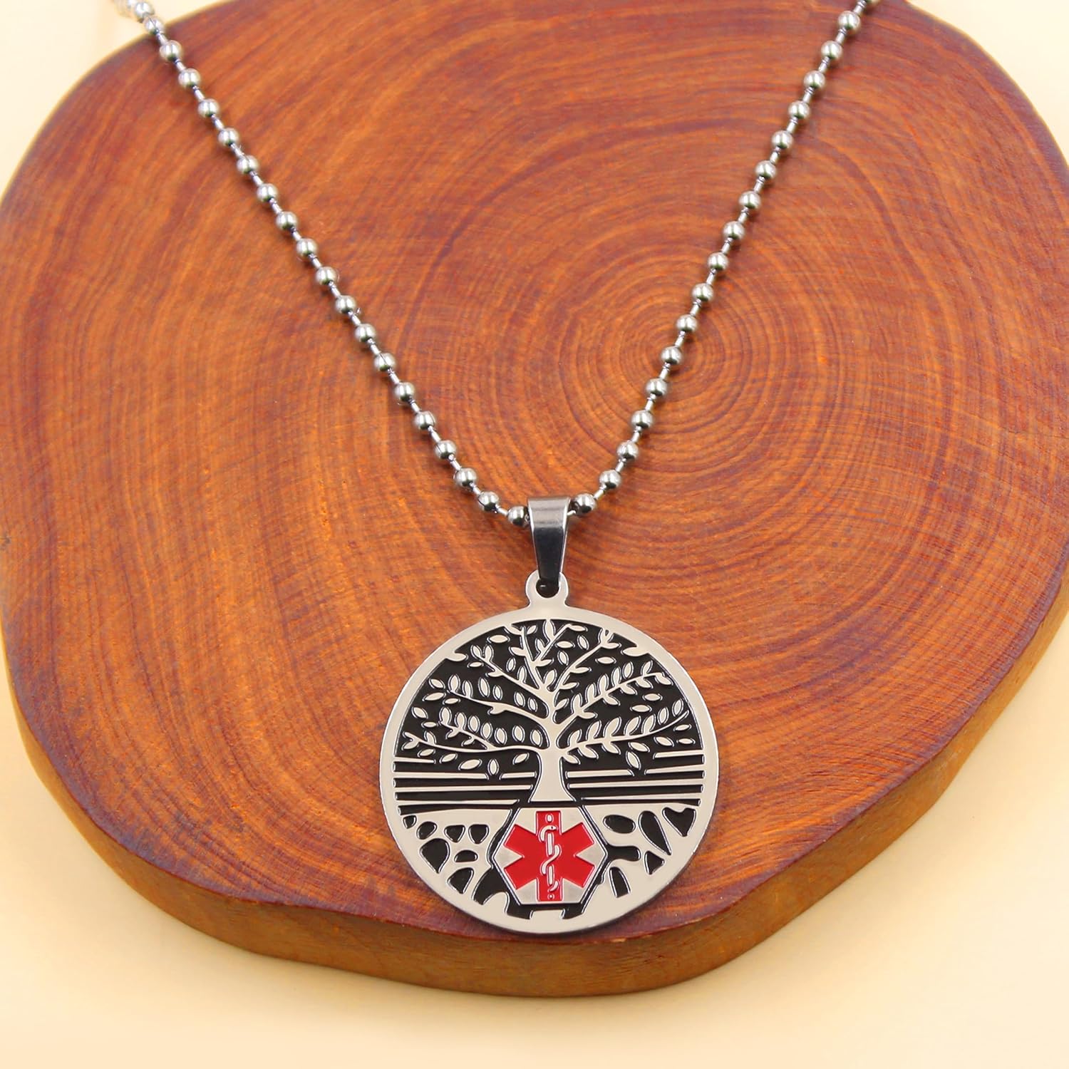 Red Medical Symbol ID Necklace, Custom Emergency Info Pendant, Stainless Steel Life Tree Medical Jewelry, Personalized Health Alert for Women YA5053