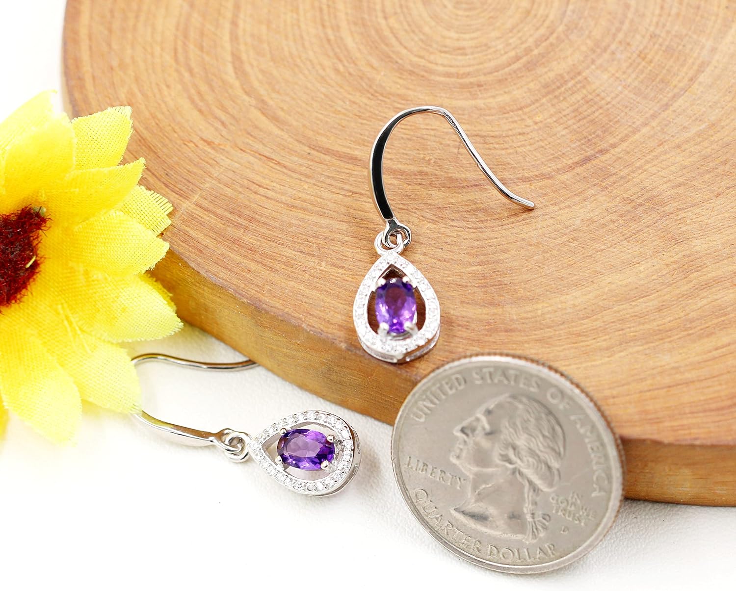 925 Sterling Silver Natural Amethyst Teardrop Earrings Purple Crystal Earring Dangle Birthstone FR027 (Amethyst)