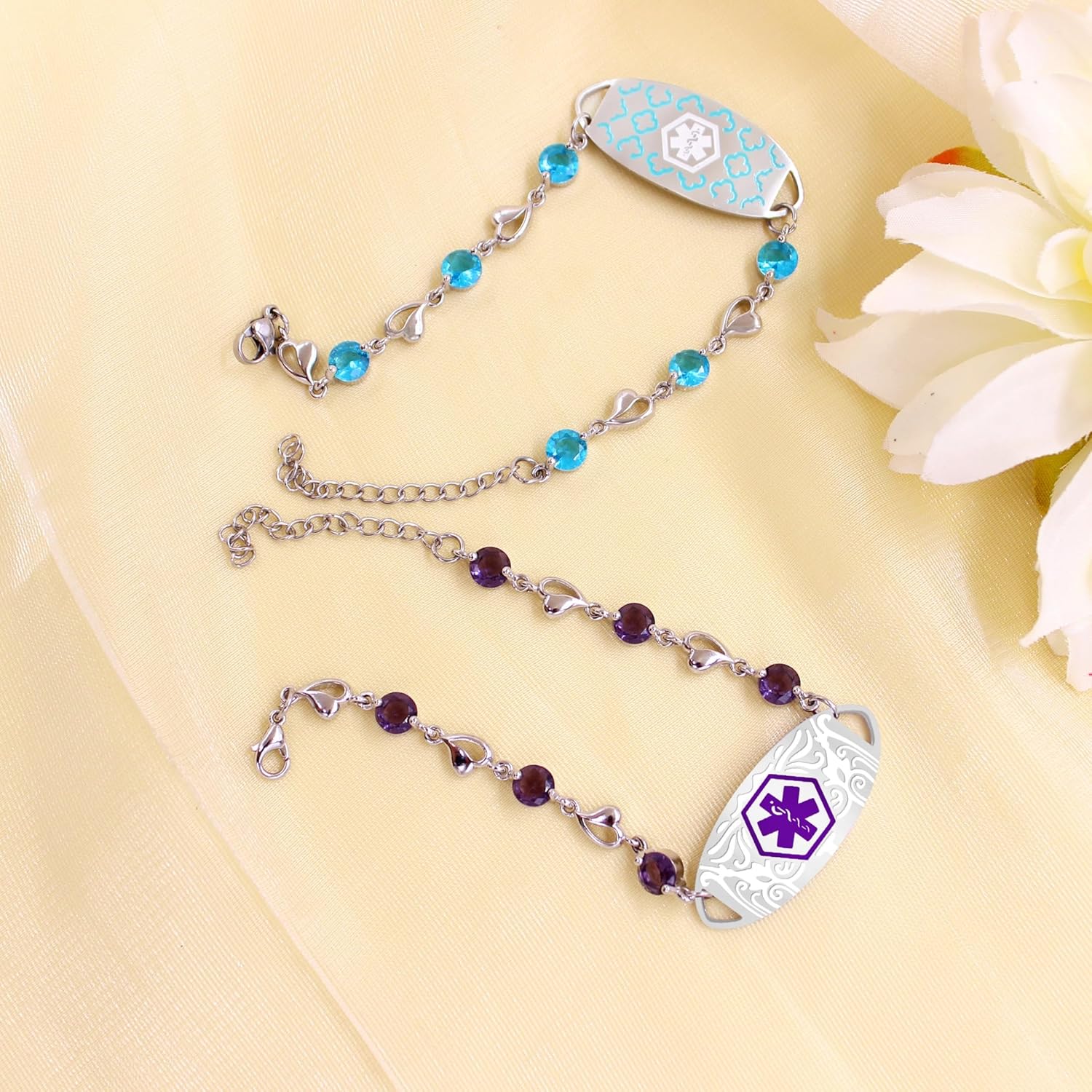 Uloveido Custom Medical ID Bracelet with Blue Cubic Zirconia | Elegant Floral Enamel Design | Adjustable QR Code & Engraved Emergency Contact Bracelet for Women and Travelers