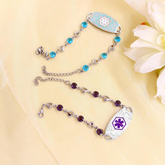 Uloveido Custom Medical ID Bracelet with Blue Cubic Zirconia | Elegant Floral Enamel Design | Adjustable QR Code & Engraved Emergency Contact Bracelet for Women and Travelers