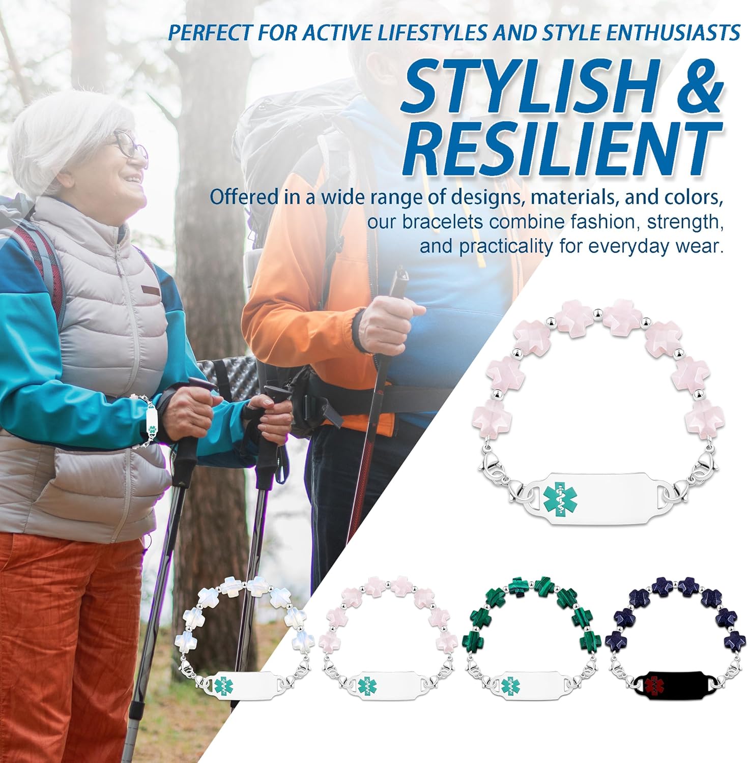 Customized Stainless Steel Medical Alert First Responder ID Tag Bracelet | Double Lobster Clasp Natural Greek Cross Stone Hospital Rescue Bracelet with Rod of Asclepius for Life-Saving