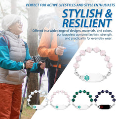 Customized Stainless Steel Medical Alert First Responder ID Tag Bracelet | Double Lobster Clasp Natural Greek Cross Stone Hospital Rescue Bracelet with Rod of Asclepius for Life-Saving