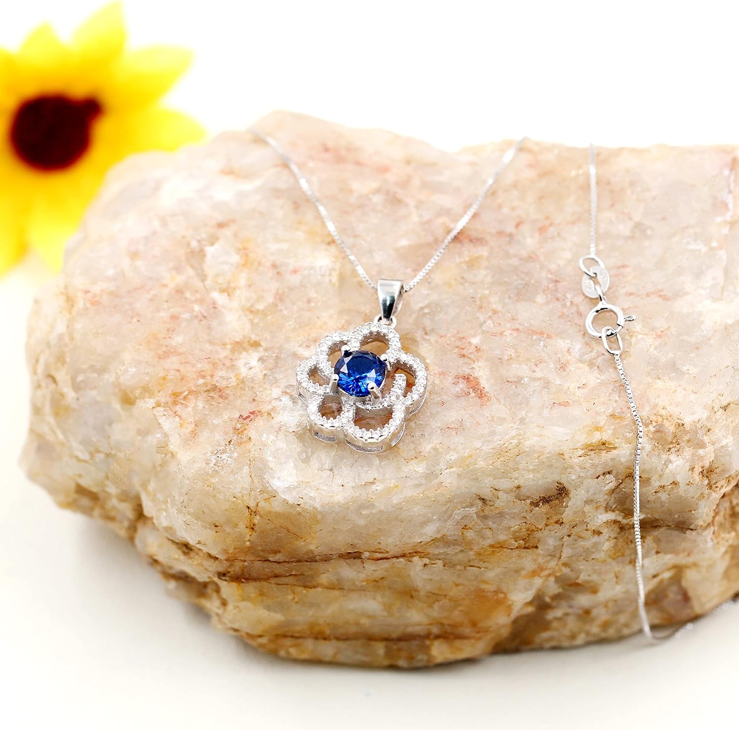 Womens Sterling Silver Blue Corundum Sapphire Birthstone Pendant Sakura Flower Design Elegant Costume Necklace FN402