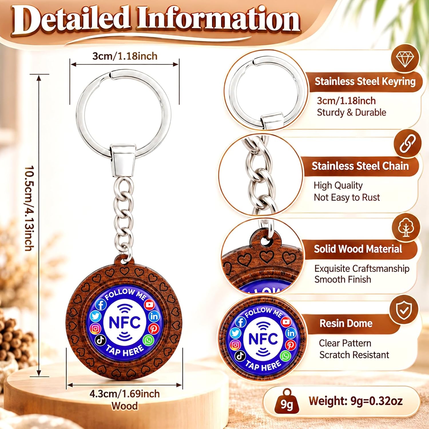 Uloveido Wooden NFC Keychain – Digital Business Card & Social Media Sharing Tag