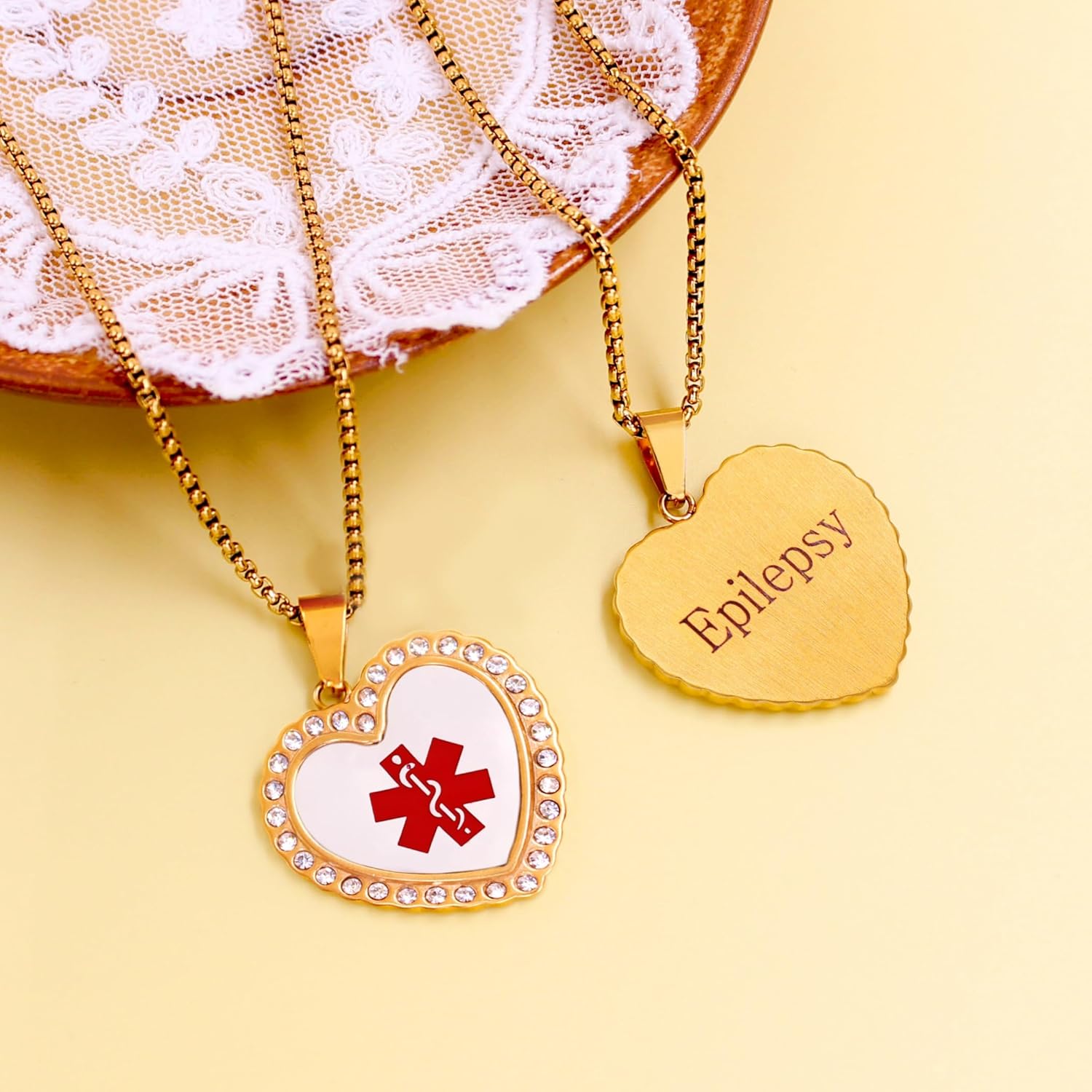 Uloveido Free Engraving Medical Alert Necklace – Heart-Shaped Gold-Plated Pendant with Zircon Accents, Custom Medical ID Jewelry, Allergy-Safe 50cm Chain, Unisex for Seniors, Sports, and Active Lifestyle