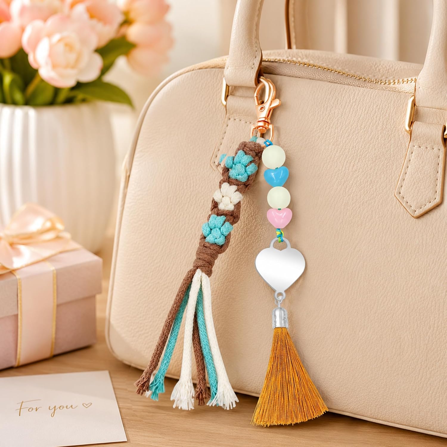 Handmade Flower Tassel Keychain Charm Boho Woven Floral Bag Pendant with Heart Beads for Women