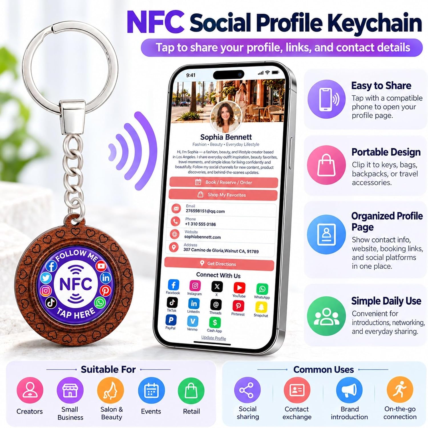 Uloveido Wooden NFC Keychain – Digital Business Card & Social Media Sharing Tag