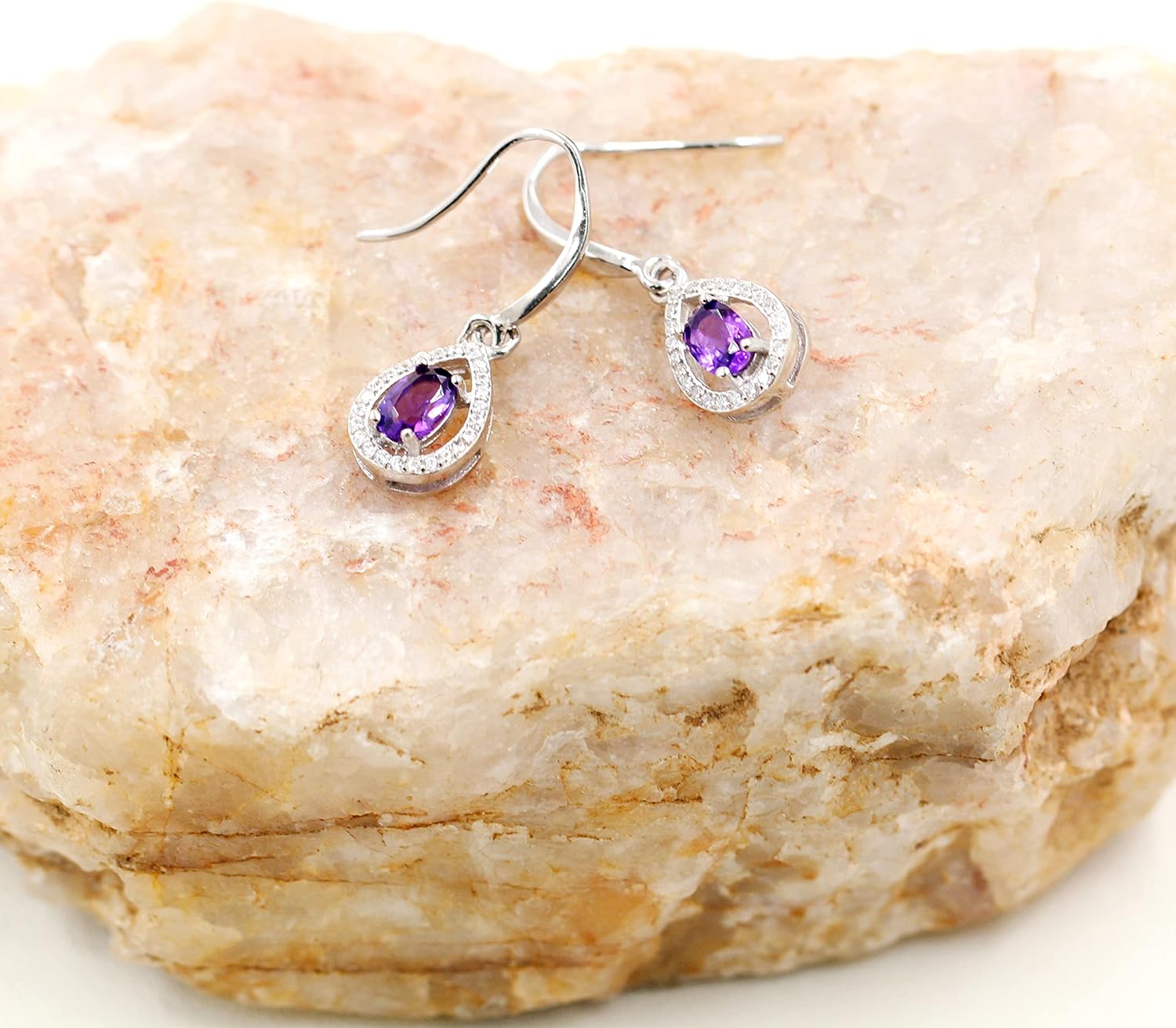 925 Sterling Silver Natural Amethyst Teardrop Earrings Purple Crystal Earring Dangle Birthstone FR027 (Amethyst)