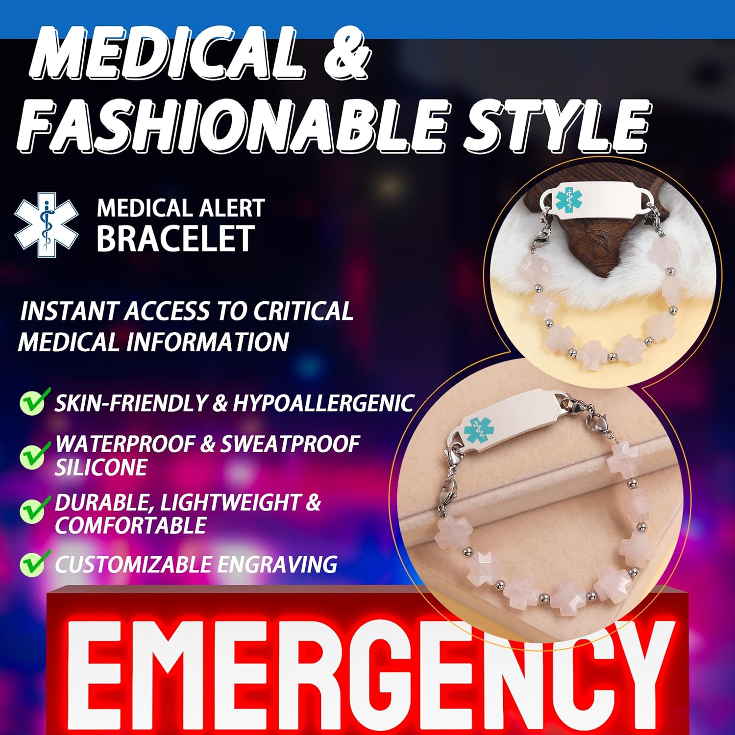 Customized Stainless Steel Medical Alert First Responder ID Tag Bracelet | Double Lobster Clasp Natural Greek Cross Stone Hospital Rescue Bracelet with Rod of Asclepius for Life-Saving