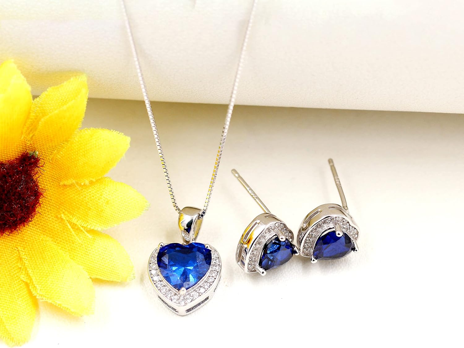 Uloveido 925 Sterling Silver Natural Blue Topaz Corundum Gemstone Pendant Necklace Birthstone Stud Earrings Set for Women Girls FT004