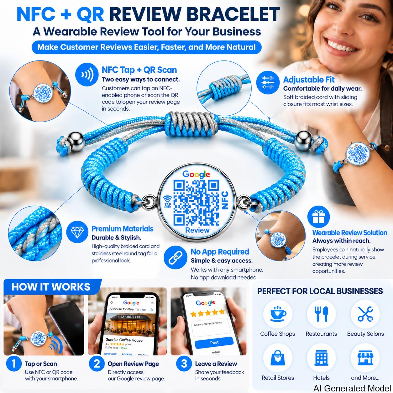 Uloveido NFC QR Bracelet for Google Reviews, Staff Review Wristband