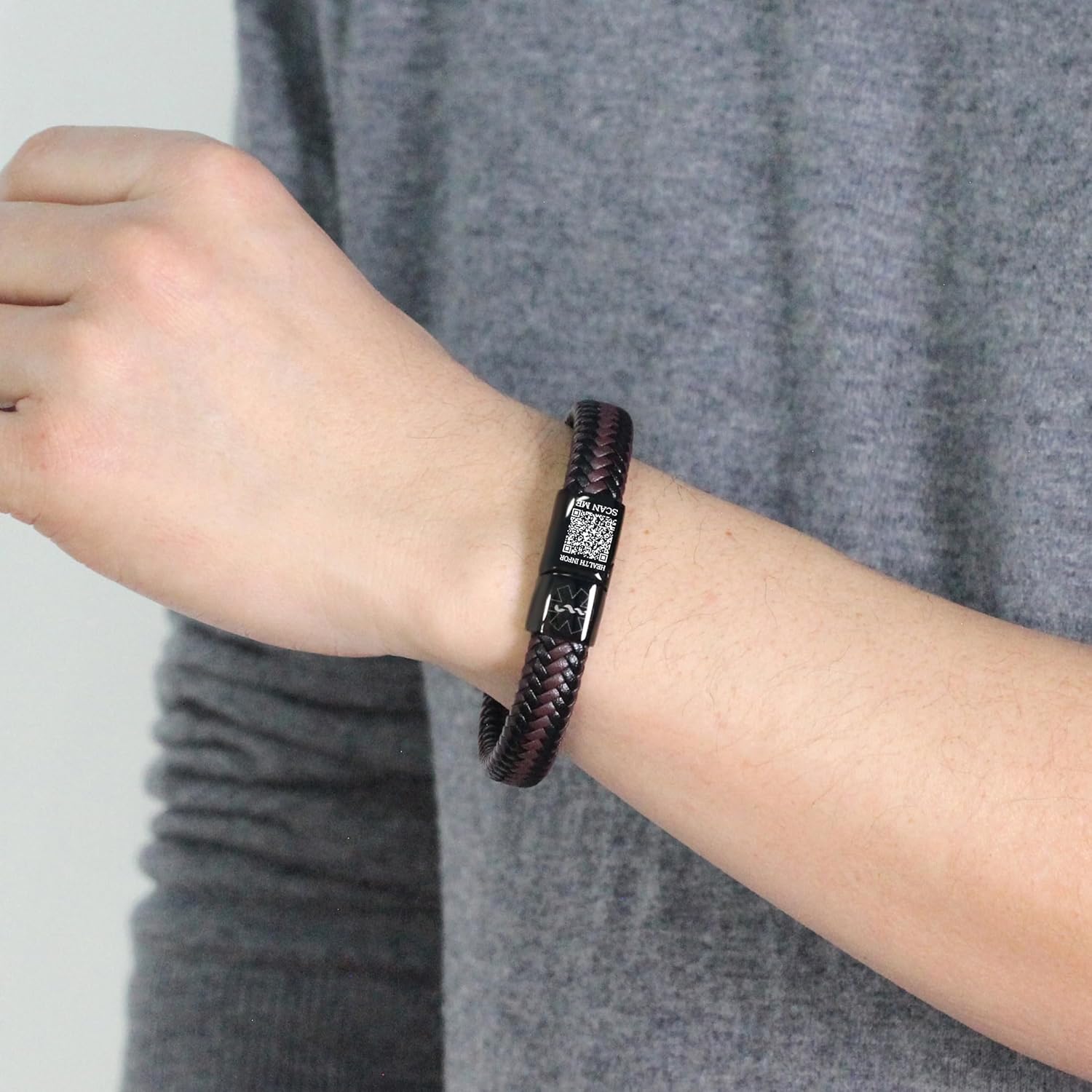 Dynamic QR Code Medical Alert Bracelet for Men Women No Medical Info Needed at Checkout PU Leather Emergency ID Cuff Bracelet Black Stainless Steel Clasp Scan to Update Health Info YA5551