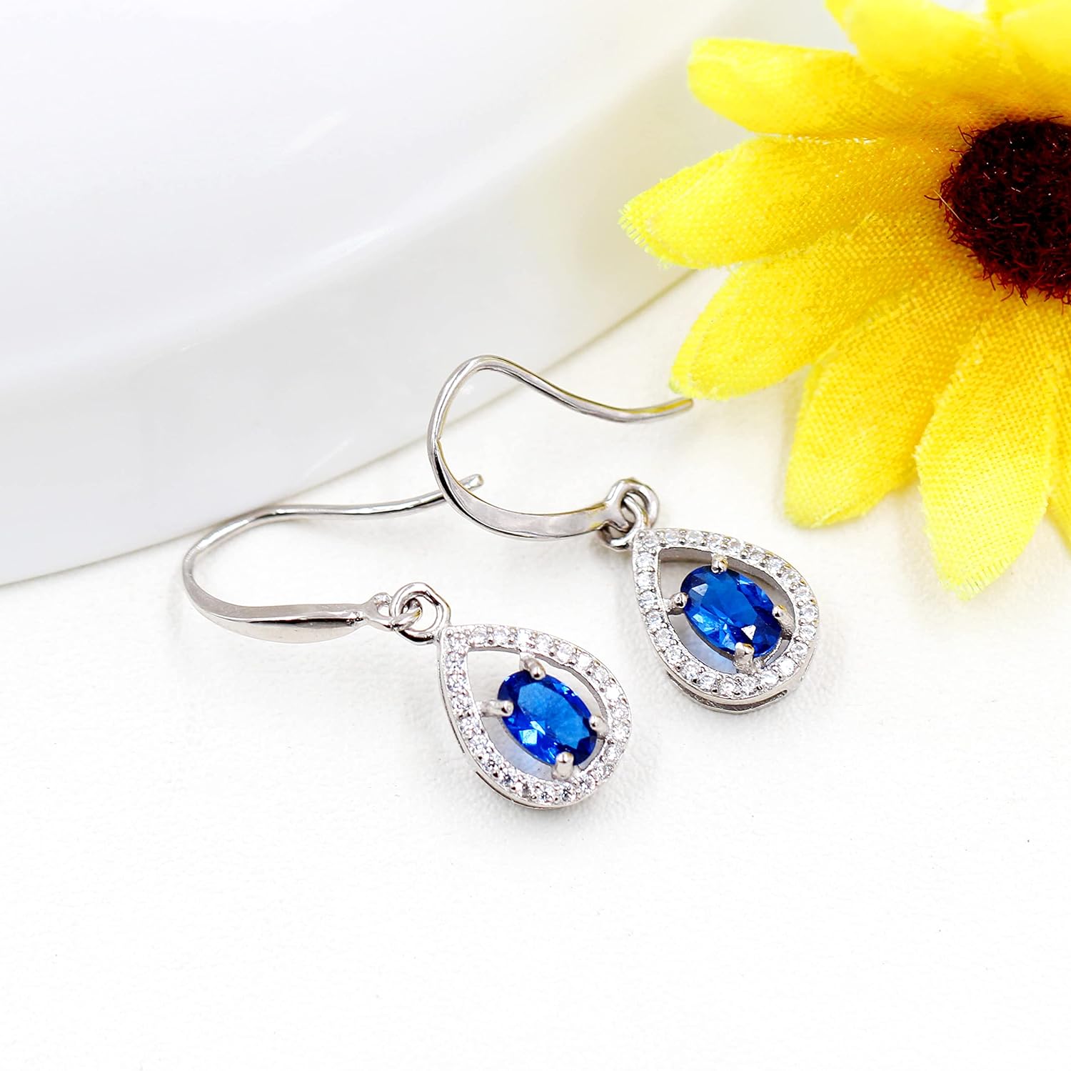 925 Sterling Silver Teardrop Earrings Oval Cut Blue Sapphire Birthstone Wedding Anniversary Jewelry Gifts FR027 (Sapphire)