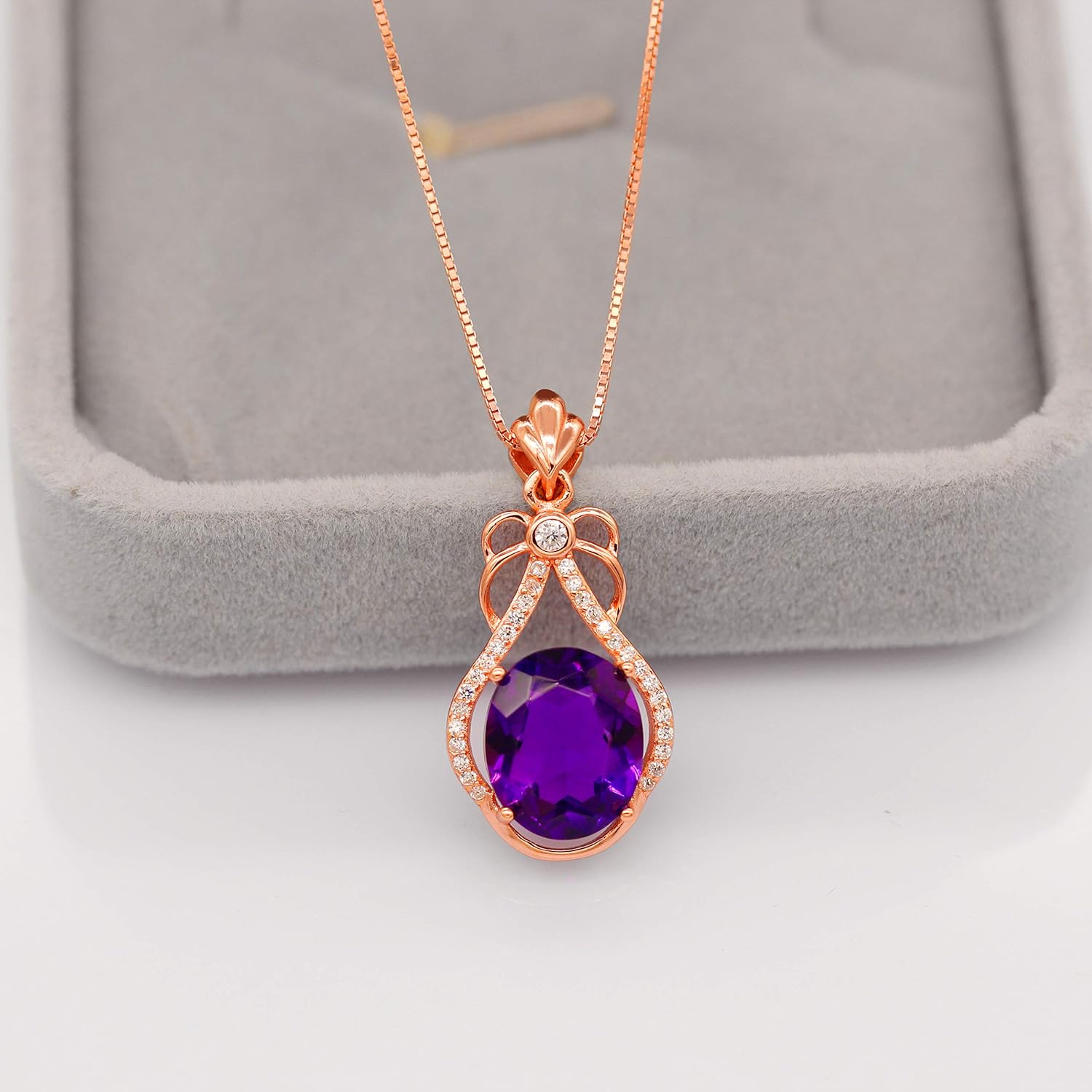 Uloveido Women's 925 Sterling Silver Oval Cut Natural Amethyst Gemstone Pendant Necklace Wedding Jewellery Rose Gold Plated February Birthstone Necklace for Women with Gift Box FN118