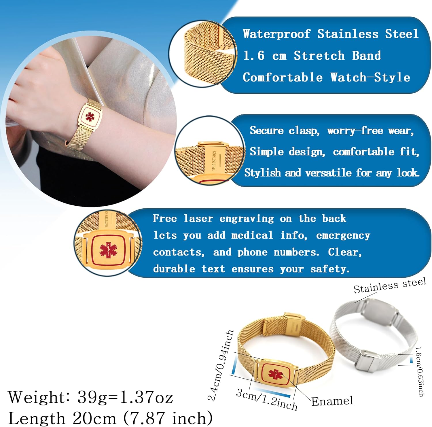 Dynamic QR Code Medical Alert Bracelet for Men Women Scan to Update Medical Info No Medical Info Needed at Checkout Stainless Steel Mesh Emergency ID Bracelet Waterproof Hypoallergenic