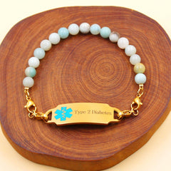 Exquisite Elastic Alert Bracelet for Women, Custom Medical ID Bracelet with Stainless Steel Tag & 6mm Natural Amazon Stone Chain, Secure Fit for Birthdays, Holidays, Family Gatherings