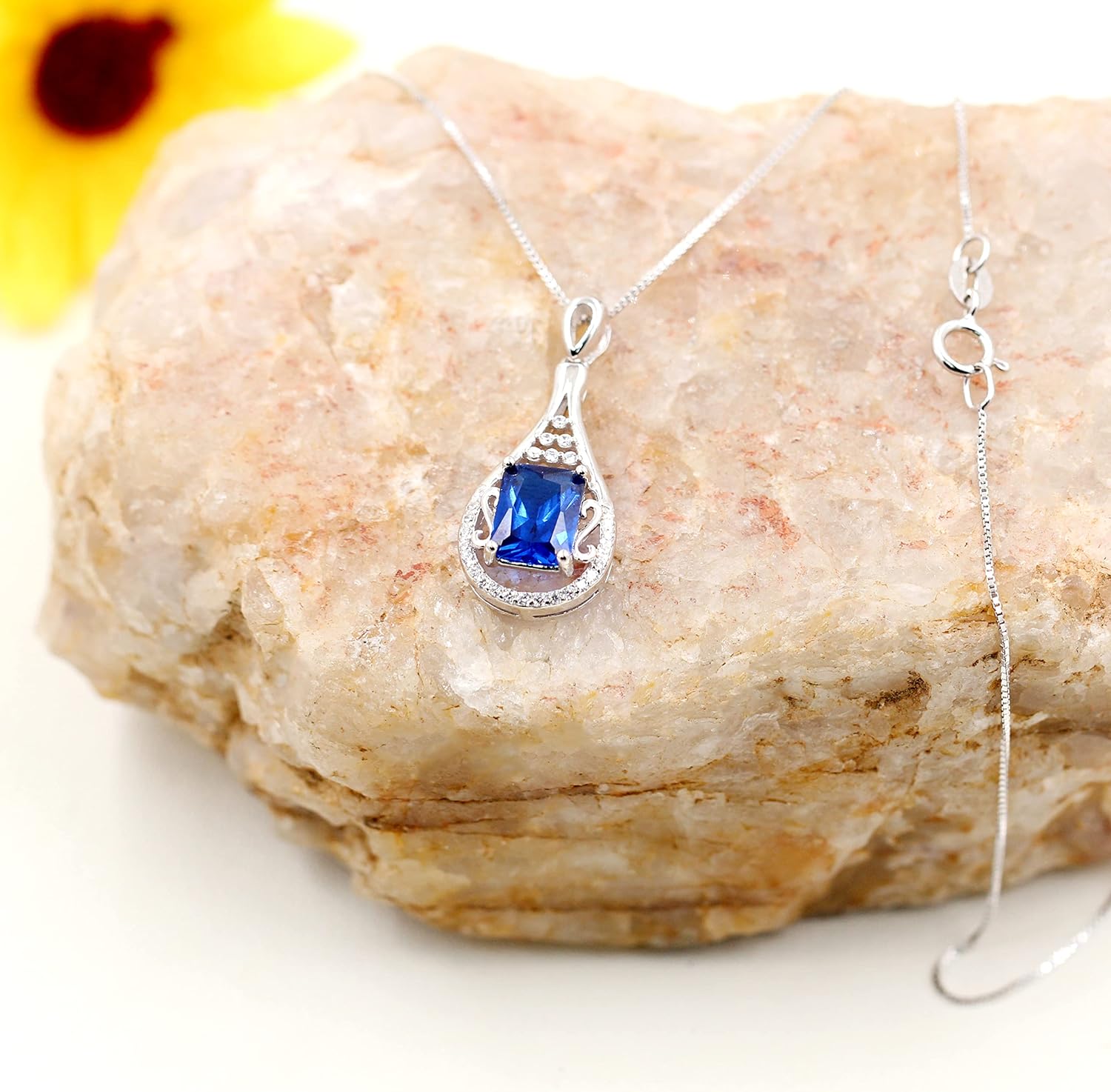 Uloveido September Birthstone Blue Corundum Sapphire Necklace Pendant Sterling Silver for Women with Cubic Zirconia