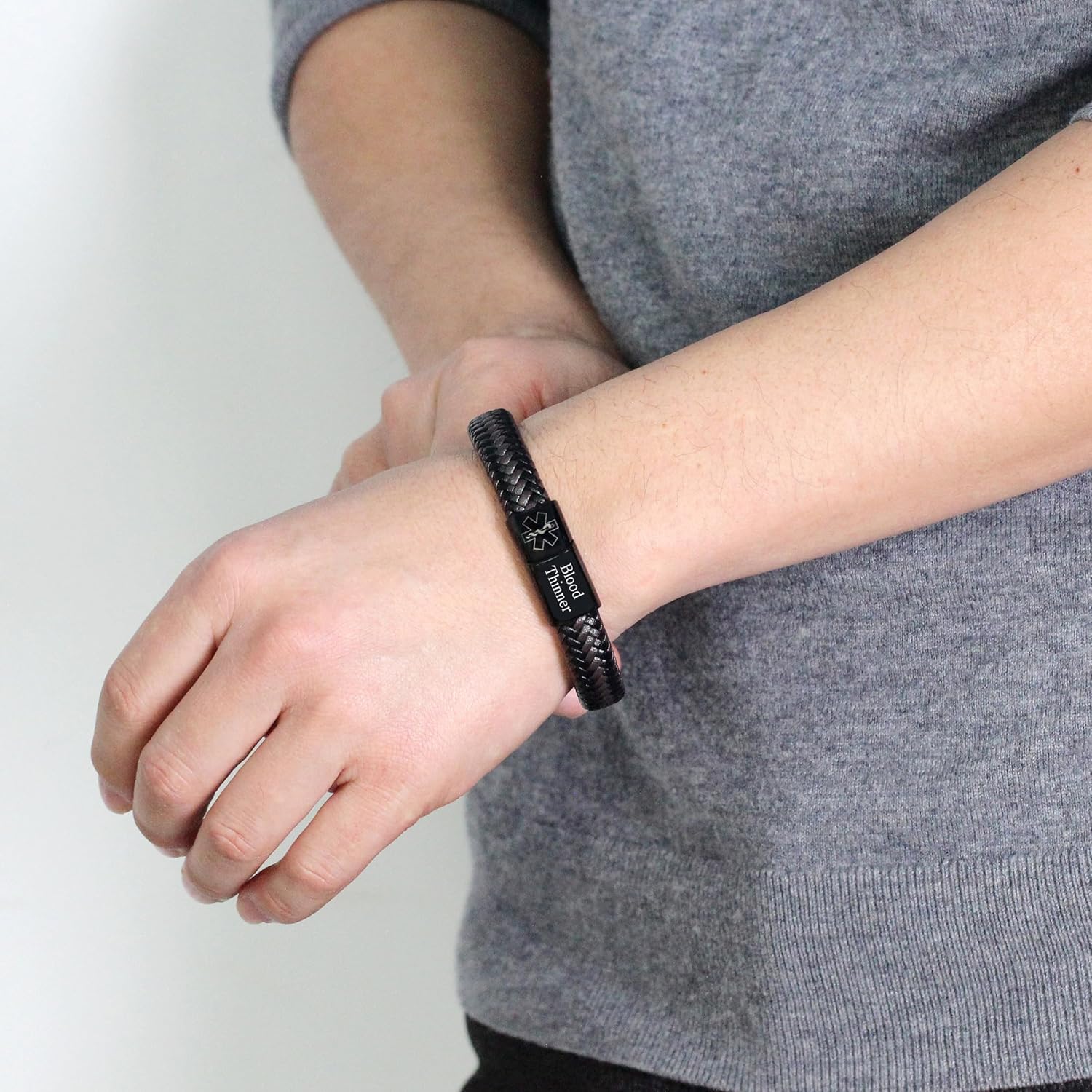 Medical Alert Cuff Bracelet for Men and Women, Black Stainless Steel Clasp Emergency ID Wristband, PU Leather Health Information Band YA5551