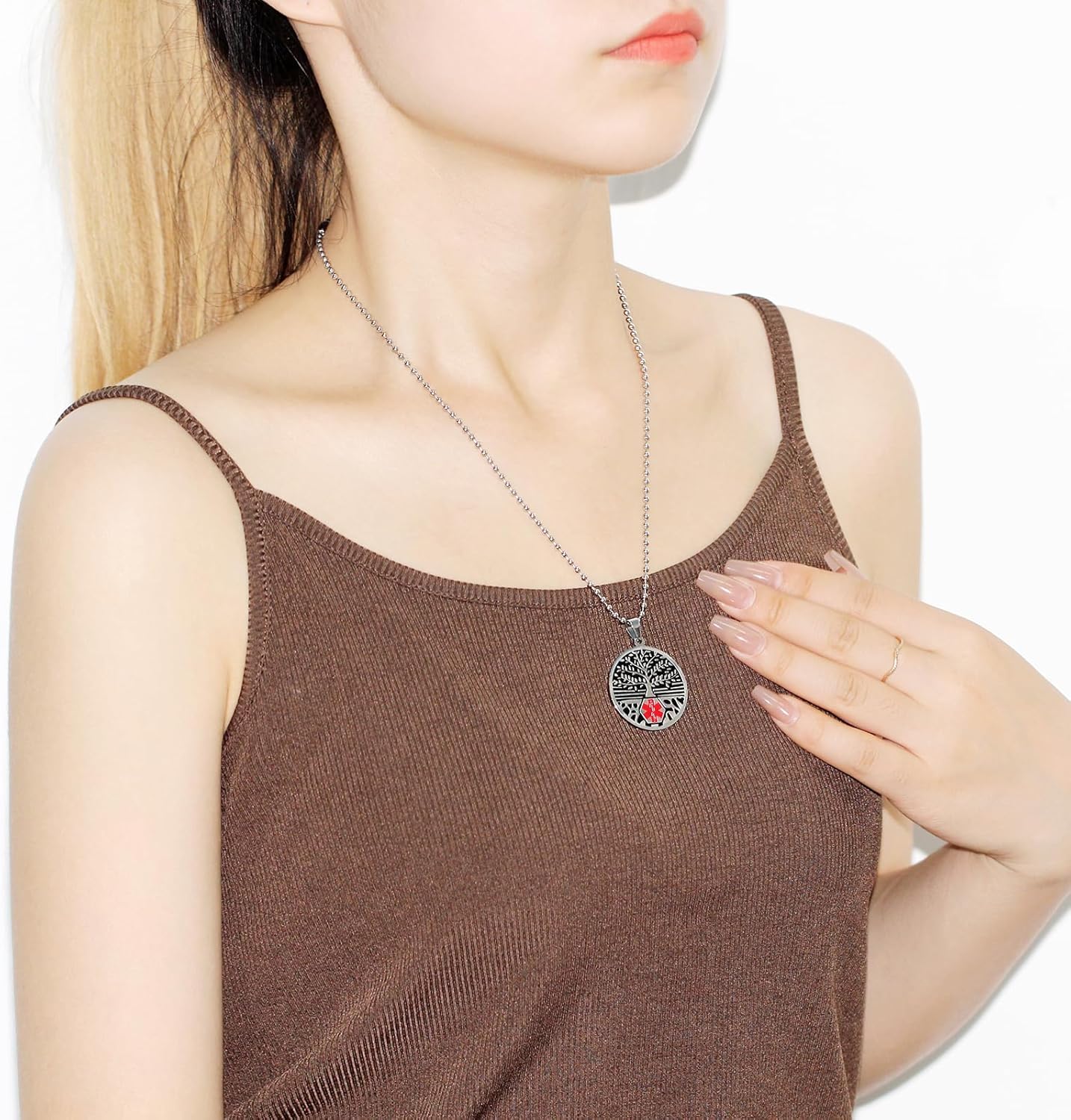 Red Medical Symbol ID Necklace, Custom Emergency Info Pendant, Stainless Steel Life Tree Medical Jewelry, Personalized Health Alert for Women YA5053
