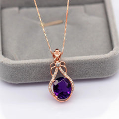 Uloveido Women's 925 Sterling Silver Oval Cut Natural Amethyst Gemstone Pendant Necklace Wedding Jewellery Rose Gold Plated February Birthstone Necklace for Women with Gift Box FN118