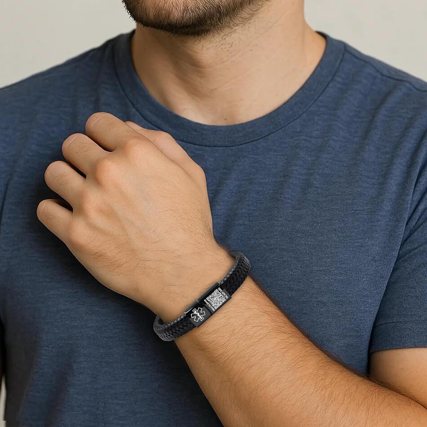 Dynamic QR Code Medical Alert Bracelet for Men Women No Medical Info Needed at Checkout PU Leather Emergency ID Cuff Bracelet Black Stainless Steel Clasp Scan to Update Health Info YA5551