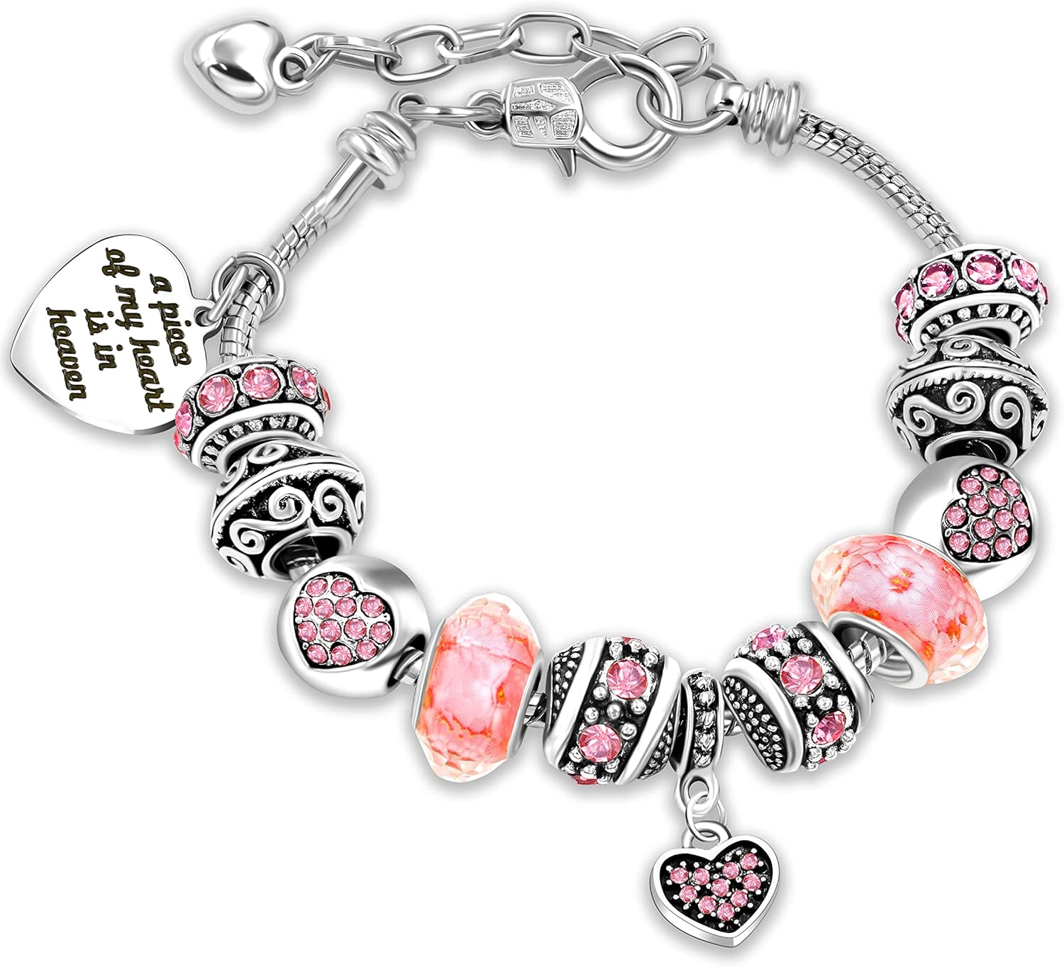 Personalized Pink Charm Bracelet for Women | Laser Engraved Heart Pendant Beaded Bracelet | Custom Name European Style Jewelry Gift for Her