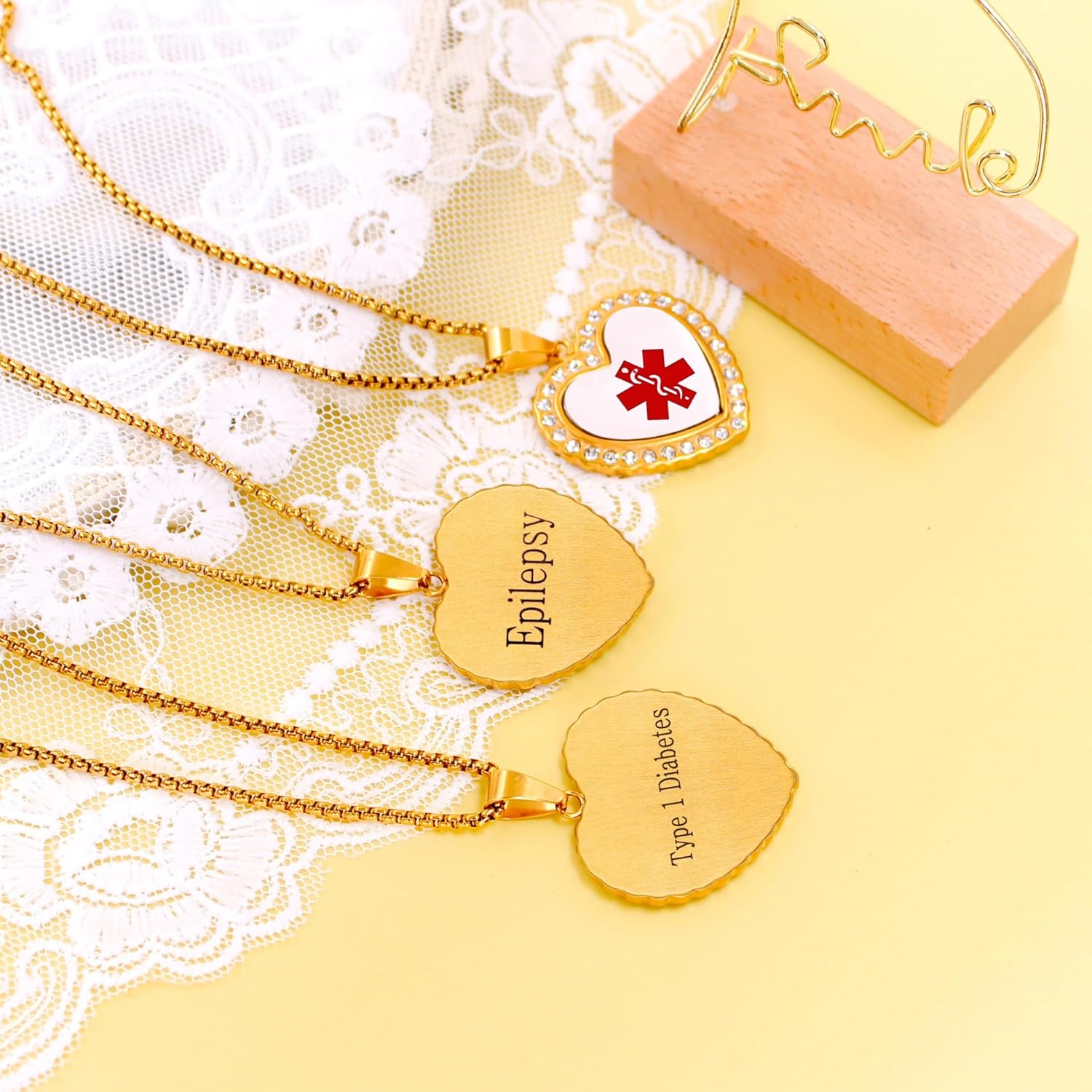 Uloveido Free Engraving Medical Alert Necklace – Heart-Shaped Gold-Plated Pendant with Zircon Accents, Custom Medical ID Jewelry, Allergy-Safe 50cm Chain, Unisex for Seniors, Sports, and Active Lifestyle