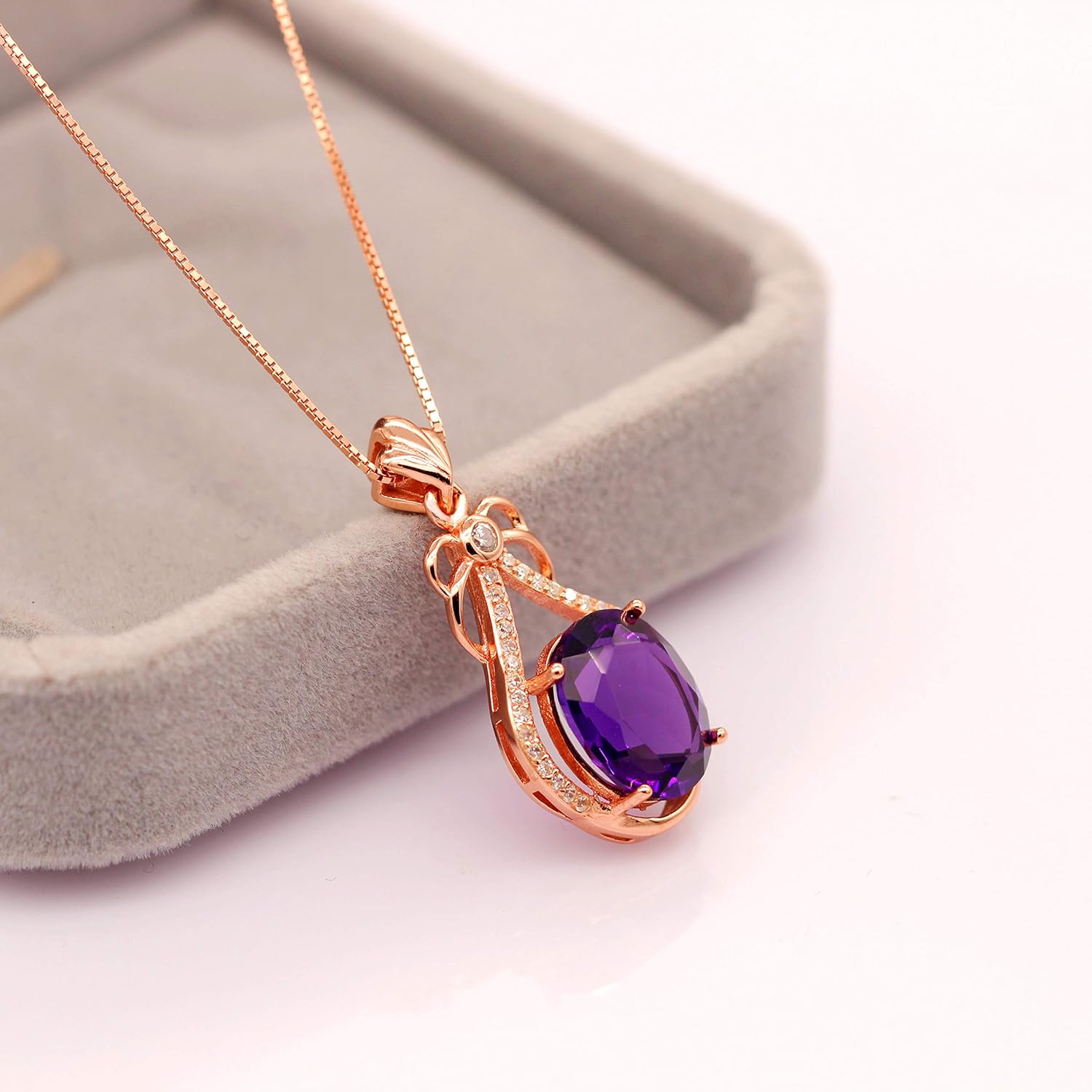 Uloveido Women's 925 Sterling Silver Oval Cut Natural Amethyst Gemstone Pendant Necklace Wedding Jewellery Rose Gold Plated February Birthstone Necklace for Women with Gift Box FN118