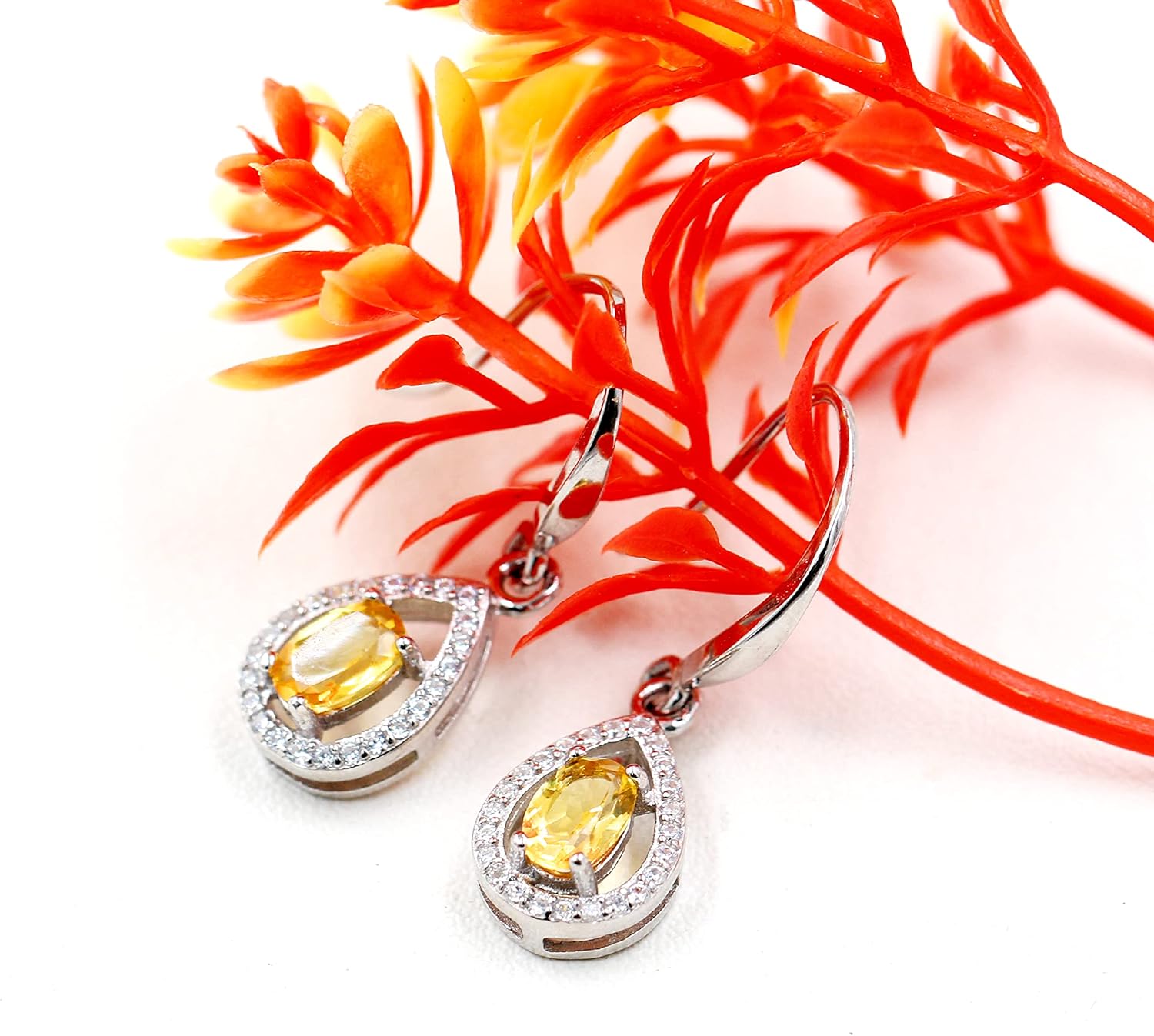 925 Sterling Silver Oval Cut Citrine Earrings Yellow Crystal Teardrop Earrings Wedding Promise for Women FR027 (Citrine)