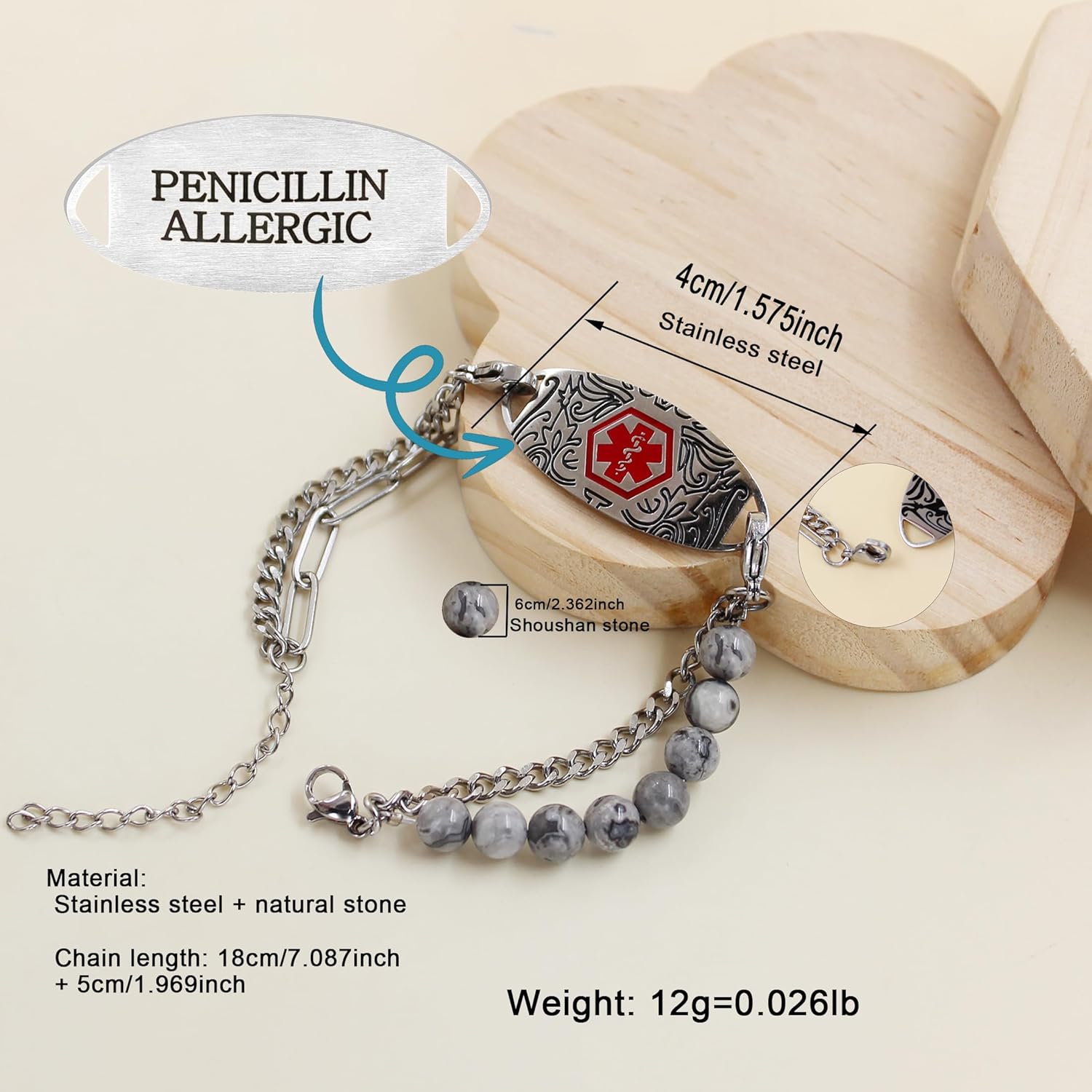 Customized Engraving Grey Map Jasper Double-Strand Medical Alert Bracelet | Stainless Steel Interchangeable Lobster Clasp | Caduceus & Star of Life EMS Bracelets for Seniors & Allergies