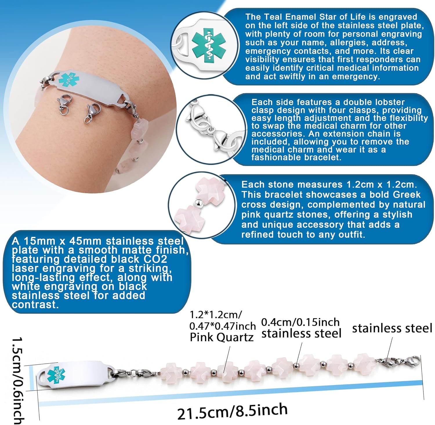 Customized Stainless Steel Medical Alert First Responder ID Tag Bracelet | Double Lobster Clasp Natural Greek Cross Stone Hospital Rescue Bracelet with Rod of Asclepius for Life-Saving