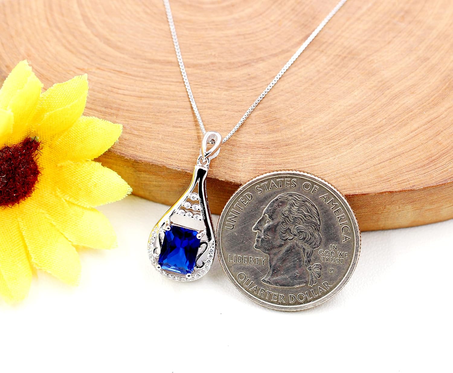 Uloveido September Birthstone Blue Corundum Sapphire Necklace Pendant Sterling Silver for Women with Cubic Zirconia