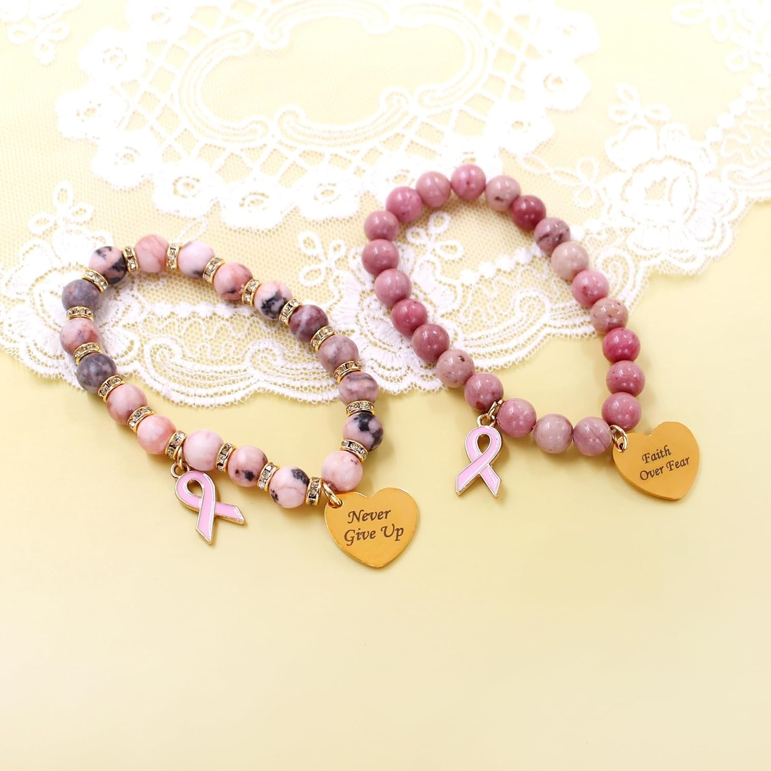 Pink Zebra Jasper Breast Cancer Awareness Bracelet – Never Give Up Heart Charm & Pink Ribbon, Stretch Beaded Natural Stone Bracelet for Women, Inspirational Cancer Support Jewelry Gift