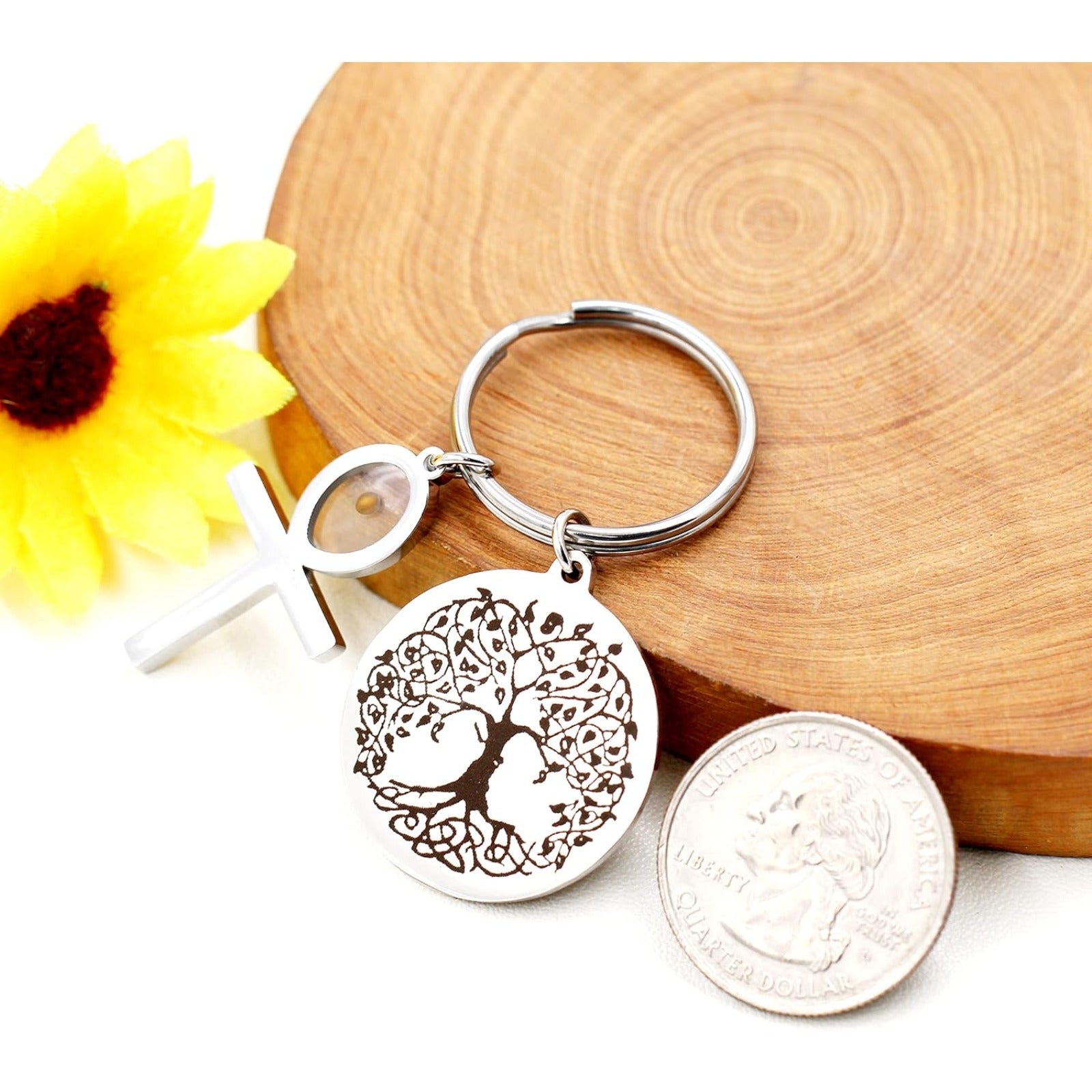 Stainless Steel Tree of Life Mustard Seed Keychain, Christian Faith Key Ring with Real Mustard Seed Charm, Inspirational Family Tree Keychain Gift for Women Men Y764