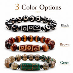Dzi Bead Tibetan Bracelet for Men Women | Nine Eye Dzi Agate Beaded Bracelet with Hematite Spacers | Feng Shui Buddhist Meditation Amulet Adjustable Style Jewelry Brown Green Black YA5102